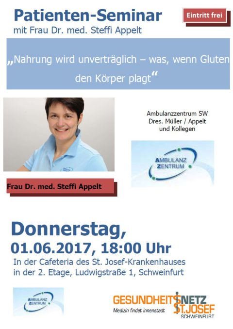 Patienten-Seminar: Nahrung wird unverträglich - Was, wenn Gluten den Körper plagt? @ Krankenhaus St. Josef | Schweinfurt | Bayern | Deutschland